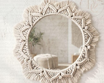Espejo de pared redondo de macramé, decoración de pared con cuerda de algodón tejida, espejo decorativo hecho a mano para sala de estar o dormitorio.
