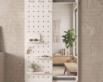 Espejo de cuerpo entero de madera maciza con organizador de panel perforado, decoración de pared moderna, espejos de pared, acento decorativo para el dormitorio.