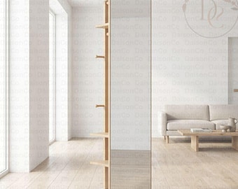 Espejo de madera con estante y repisa, espejo de pie decorativo, espejo de cuerpo entero con marco de madera, espejo de pie con estante