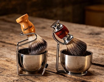 Personalisiertes Herren-Rasier-Set – Rasierpinselhalter aus Edelstahl & individuell gestaltete Bartbürste, Pflege-Set, Geschenk für ihn, Vater, Ehemann, Trauzeugen