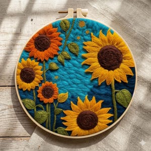 May include: A round embroidery hoop featuring a vibrant sunflower design. The sunflowers are rendered in shades of yellow and orange, with brown centers and green leaves, set against a textured blue background. The embroidery is framed by a natural wood hoop.