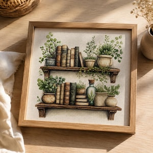 May include: A framed cross-stitch embroidery featuring two wooden shelves holding various books and potted green plants. The top shelf displays five books and two plants in ceramic pots. The bottom shelf holds four books and four plants in pots and a glass bottle.