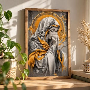 Korsstygnskit med bedjande kvinna - Andligt porträtt DIY-mönster, religiös väggkonst 40 x 70 cm