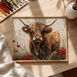 Può includere: Un kit di pittura diamante incorniciato raffigurante una mucca Highland marrone con corna lunghe e pelo folto, in piedi in un campo di erba alta e fiori selvatici, tra cui papaveri rossi e piccoli fiori gialli su sfondo a griglia.