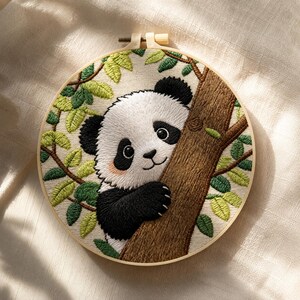 May include: A circular embroidery hoop containing a fabric panel with a hand-stitched design of a panda bear clinging to a brown tree trunk. The panda features black and white thread work, and the surrounding foliage consists of various shades of green.