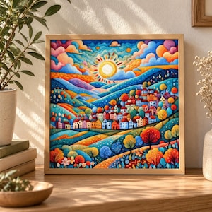 May include: A square framed wall art piece featuring a vibrant, colorful landscape painting of a hillside village. The scene depicts rolling hills, a bright yellow sun, and multi-colored trees under a sky filled with textured, puffy clouds.