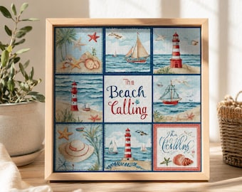 Coastal Lighthouse Cross Stitch Kit for Beginners | Nautical Beach Embroidery DIY Wall Decor Gift 40x40cm