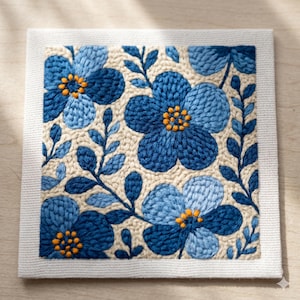 Op de afbeelding: Vierkante, handgestikte borduursel met blauwe bloemen met oranje centra en blauwe bladeren op een beige achtergrond. Het kunstwerk is omlijst met een witte rand, met een gedetailleerd bloemenpatroon.