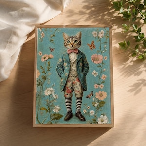 Op de afbeelding: Een ingelijste muurkunstprint met een rechtopstaande cyperse kat, gekleed in een pak met bloemenpatroon en een roze vlinderdas. De kat is omgeven door een lichtblauwe achtergrond versierd met roze bloemen, groene stengels en kleine vlinders.