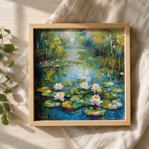 Op de afbeelding: Een vierkant kruissteek borduurwerk met een vijver vol witte waterlelies en groene bladeren, ingelijst in een lichtgekleurde houten lijst. Het kunstwerk bevat levendige tinten blauw, groen en geel en toont een serene waterlandschap.