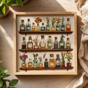 Peut inclure: Une broderie au point de croix encadrée représentant trois étagères en bois supportant divers flacons d'apothicaire en verre remplis de fleurs séchées, d'herbes et de spécimens botaniques colorés, chacun avec une petite étiquette en papier.