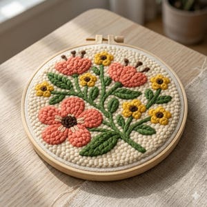 May include: A round, floral punch needle art piece. The design features coral and yellow flowers with green leaves on a cream-colored background. The artwork is set in a wooden embroidery hoop.