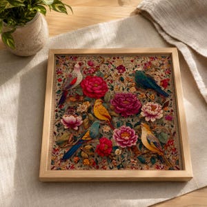 Pode incluir: Uma peça de arte de parede quadrada emoldurada com um padrão detalhado de ponto cruz de quatro pássaros coloridos pousados entre grandes peónias cor-de-rosa e vermelhas e detalhes florais num fundo de tecido bege texturizado com uma moldura de madeira clara.