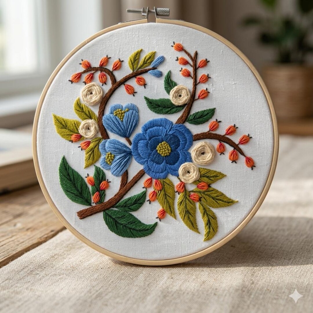 Blue Floral Embroidery Kit | Botanical Hand DIY Needlework Hoop Art ...