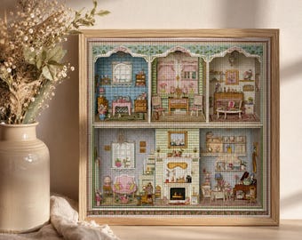 Victoriaans poppenhuis kruissteekpakket | Borduurpatroon voor beginners, miniatuur huisje doe-het-zelf handwerk wanddecoratie cadeau