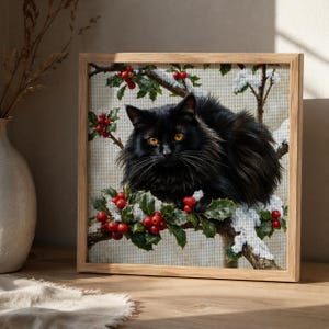 May include: A square framed diamond painting featuring a fluffy black cat with bright amber eyes perched on a snow-covered holly branch. The artwork displays vibrant red holly berries and green leaves against a textured, dotted canvas background.