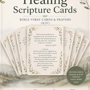 May include: A set of Healing Scripture Cards featuring Bible verses and prayers in the King James Version. The cards are arranged in a fan shape, displaying text from Isaiah 53:5, with botanical leaf illustrations and a soft, neutral color palette.