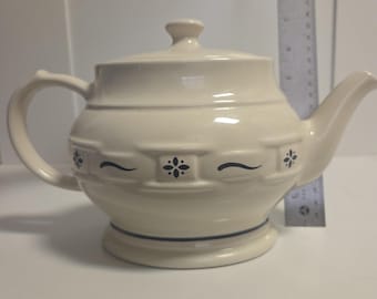 Longaberger pottery Teapot, Woven traditions blue discontinued pattern
