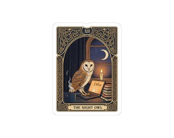May include: A rectangular sticker featuring a barn owl standing on a laptop displaying 2:47 AM. The scene includes a steaming mug, a stack of books, and a lit candle by a window with a crescent moon. The border has Celtic knotwork and the text THE NIGHT OWL.