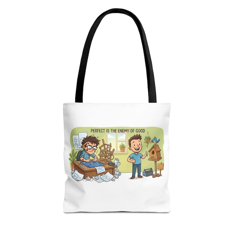 Borsa tote con citazione divertente sulla produttività: "La perfezione è nemica del bene" - Regalo immagine 1