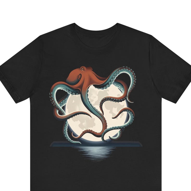 Retro Octopus Kraken Full Moon Shirt, 90s Vintage Wildlife Tee, Ocean Lover Gift, Cephalopod Graphic T-Shirt, Dark Academia Nautical Tee image 1