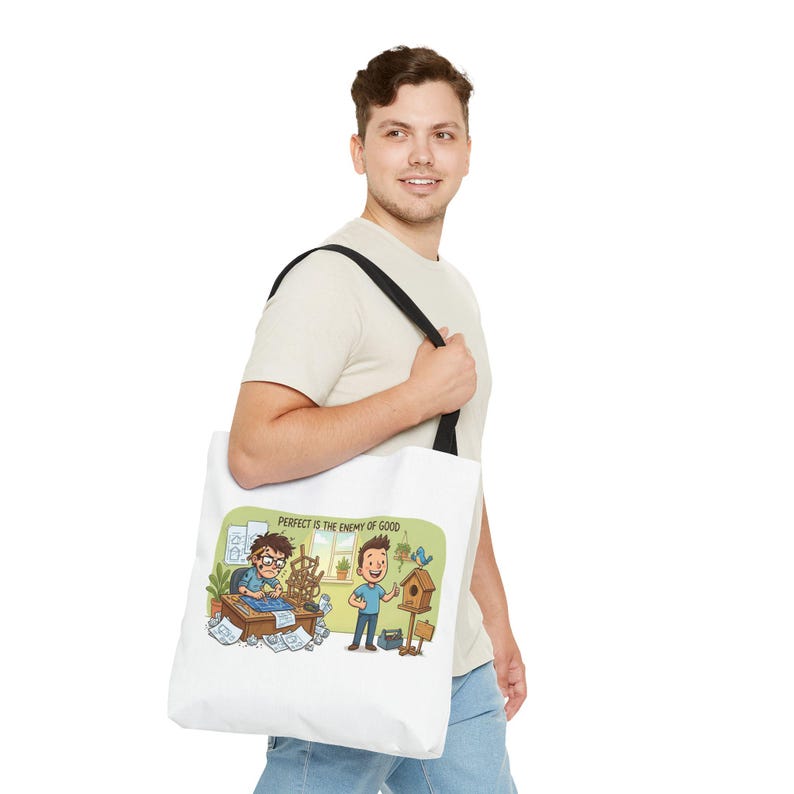 Borsa tote con citazione divertente sulla produttività: "La perfezione è nemica del bene" - Regalo immagine 19