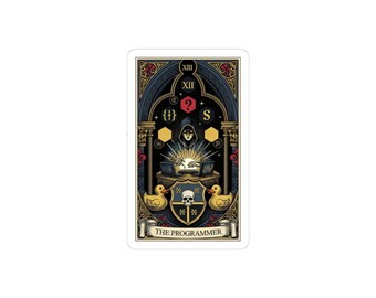 May include: A rectangular tarot card titled THE PROGRAMMER featuring a hooded figure working at a desk with two laptops. The design includes a central shield with a skull, two yellow rubber ducks, and various coding symbols like brackets and a question mark.