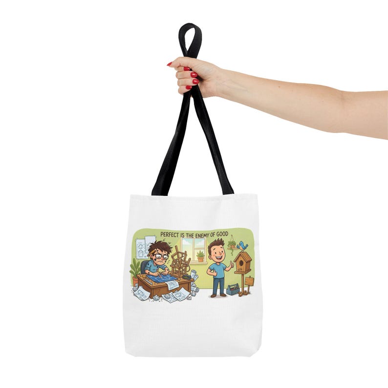 Borsa tote con citazione divertente sulla produttività: "La perfezione è nemica del bene" - Regalo immagine 4