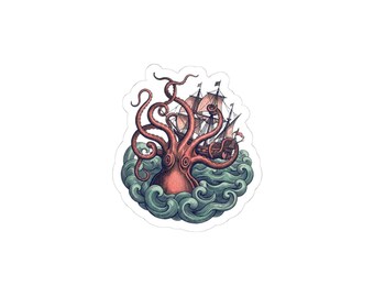 May include: A die-cut sticker featuring a detailed illustration of a large, reddish-pink octopus emerging from swirling, teal-colored ocean waves. The octopus has multiple long tentacles reaching upward toward a wooden sailing ship in the background.