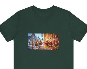 May include: A dark green t-shirt featuring a central graphic illustration of two groups of anthropomorphic meatballs facing each other. One group wears Viking helmets and holds Swedish flags, while the other wears chef hats and holds Italian flags.