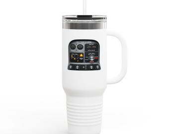 May include: A white stainless steel tumbler with a handle and a clear straw, featuring a graphic print of a vintage audio control panel with various knobs, gauges, and the text "COMMUTE CONTROL" and "SOCIAL AFFECT" printed on the front surface.