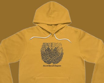 May include: A mustard yellow hooded sweatshirt featuring a black line art graphic of a human brain with tangled vines and the text "Fear it the Misuse of the Imagination" printed underneath. The hoodie includes a front kangaroo pocket and white drawstrings.