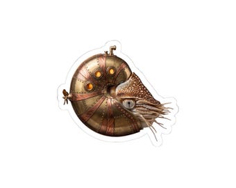 May include: A sticker featuring a nautilus shell integrated with a metallic, brass-coloured submarine structure. The shell displays rivets, circular portholes with glowing yellow lights, and a small propeller on the side, with the creature's tentacles.