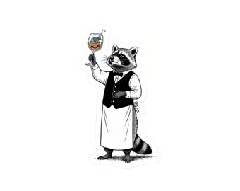 May include: A sticker illustration of a raccoon dressed as a server in a black waistcoat, white shirt, bow tie, and apron. The raccoon holds a wine glass containing a fish skeleton and a small sweet, rendered in black, white, and grey tones.
