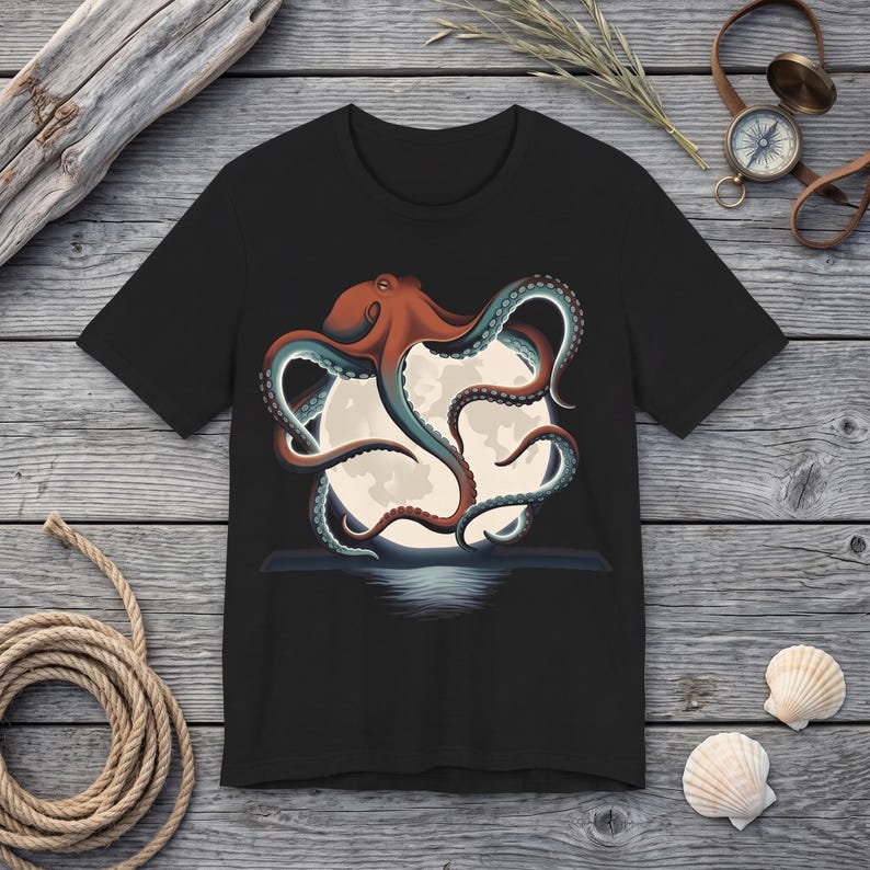 Retro Octopus Kraken Full Moon Shirt, 90s Vintage Wildlife Tee, Ocean Lover Gift, Cephalopod Graphic T-Shirt, Dark Academia Nautical Tee image 5