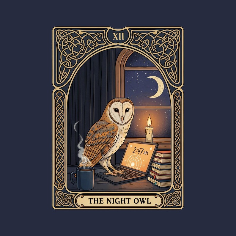 The Night Owl Tarot Graphic Tee - Funny Graphic Gift afbeelding 2