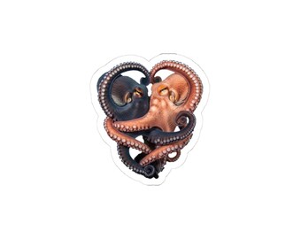 May include: A die-cut sticker featuring two octopuses intertwined to form a heart shape. One octopus is dark blue and black, while the other is a light peach and tan color. Both creatures have visible suckers along their tentacles.