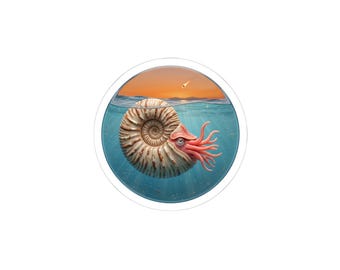 May include: A circular sticker featuring a nautilus with a tan, spiraled shell and pink tentacles submerged in blue water. Above the water line, a sunset sky displays orange and yellow hues with a small, distant object falling through the air.