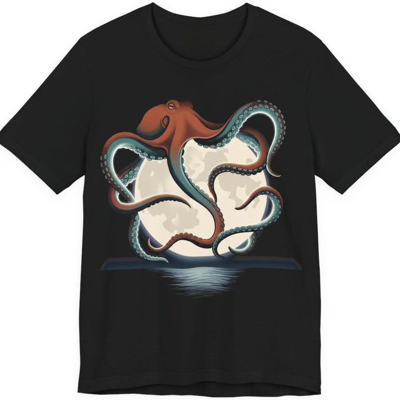 Retro Octopus Kraken Full Moon Shirt, 90s Vintage Wildlife Tee, Ocean Lover Gift, Cephalopod Graphic T-Shirt, Dark Academia Nautical Tee image 4