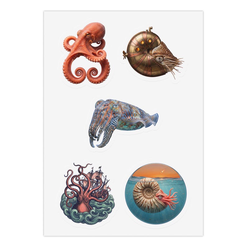Hoja de pegatinas de cefalópodos: pulpo, nautilo, sepia, kraken y amonites. Pegatinas troqueladas. imagen 1