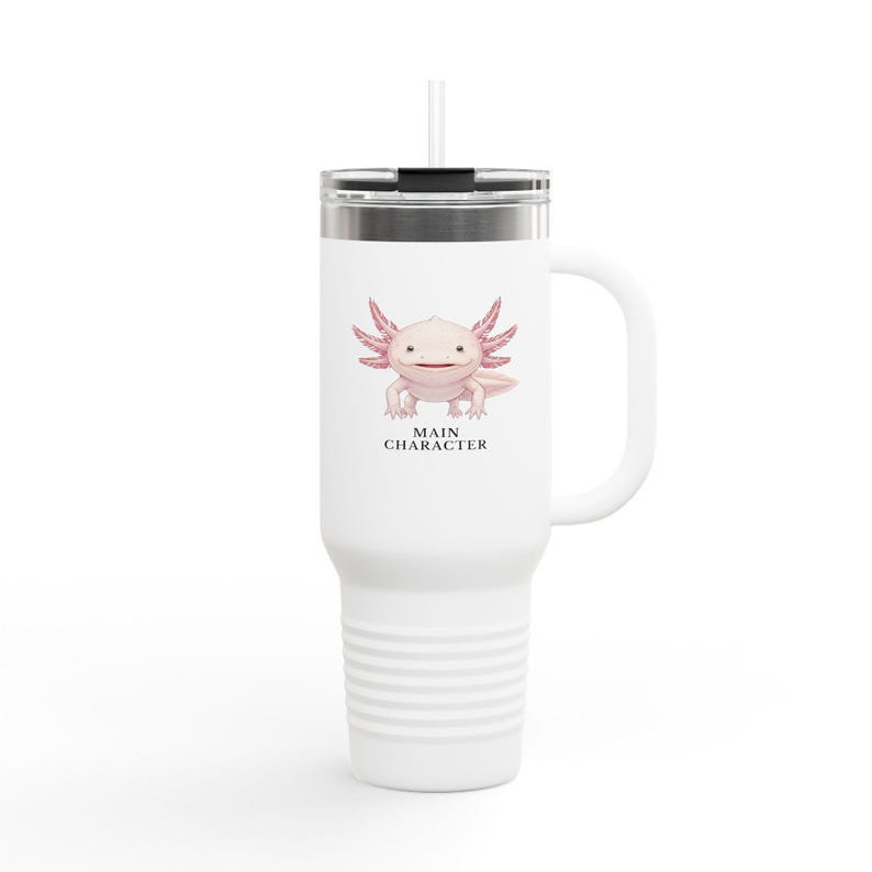 Vaso de viaje con diseño de ajolote – Vaso rosa con diseño de anfibio que transmite confianza. imagen 1
