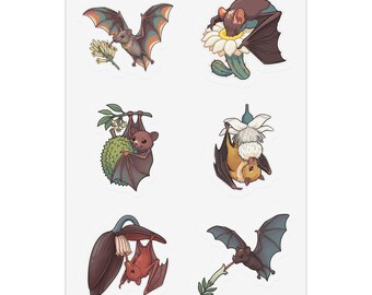 Bat Sticker Sheet - Pollinator Bats on Agave, Saguaro, Banana, Durian & Baobab Kiss-Cut Stickers, Bat Week Gift, Bat Lover Gift