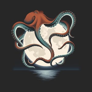 Retro Octopus Kraken Full Moon Shirt, 90s Vintage Wildlife Tee, Ocean Lover Gift, Cephalopod Graphic T-Shirt, Dark Academia Nautical Tee image 2
