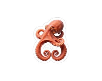 May include: A sticker featuring a detailed illustration of an orange octopus with a textured, bumpy surface on its head and mantle. The octopus has eight arms, with two prominent lower arms curled into tight spirals, set against a white background.