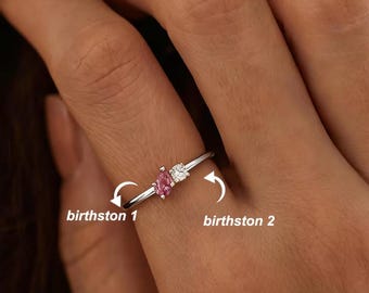 Handmade Custom Two Birthstone Rings Gold Color 12 Month Birthstone New Dainty Gemstones Stainless Steel Jewelry Gift Wife Proposal Wedding