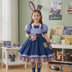 May include: A blue and lavender dress with puff sleeves, a black belt, and a gold police badge patch. The outfit includes a gray plush bunny ear headband, matching gray paw gloves, and knee-high socks with bunny faces, inspired by a police officer.