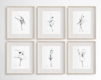 Ballerina Prints, Set of 6 Ballerinas, Ballerina Sketches, Pencil Drawings, Gift for Girl, Girl Room Decor, Bedroom Decoration, Wall Art