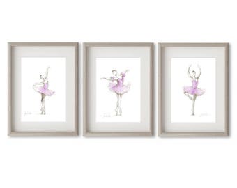 Ballerina Triptych, Ballerina Prints, Set of 3 Ballerina, Purple Tutu, Watercolor Prints, Ballerina Drawing, Ballerina Art Print, Gift