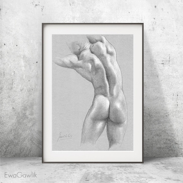 Male Nude Sketch, PRINT of Art, Pencil Drawing, Male Nude Back, Male Figure Study, Nude Black and White, Naked Man Sketch, Gift for Her, A4