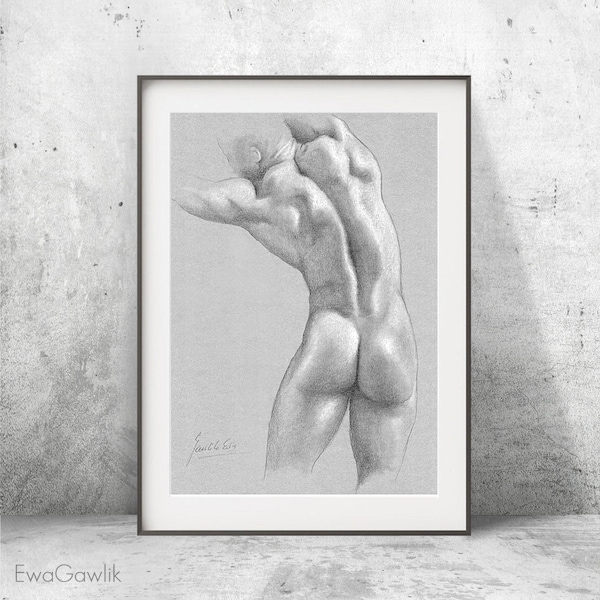 Croquis de nu masculin, IMPRESSION d’art, dessin au crayon, dos nu masculin, étude de figure masculine, nu noir et blanc, croquis d’homme nu, cadeau pour elle, A4